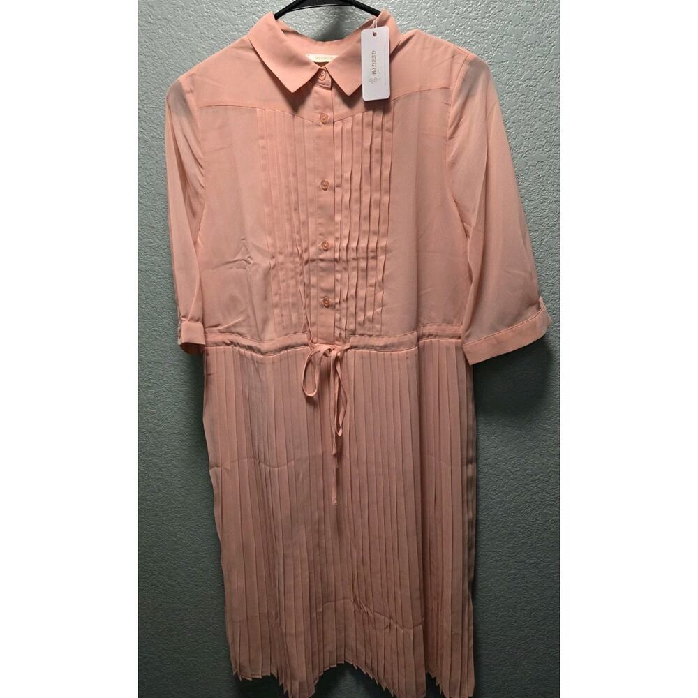 WLDRSD Pink Pleated Chiffon Midi Dress Small NWT Sheer Pastel Button Up